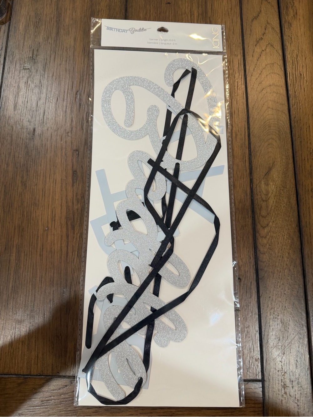 Icing Silver Glitter "Birthday Baddie" Banner with Black Ribbon